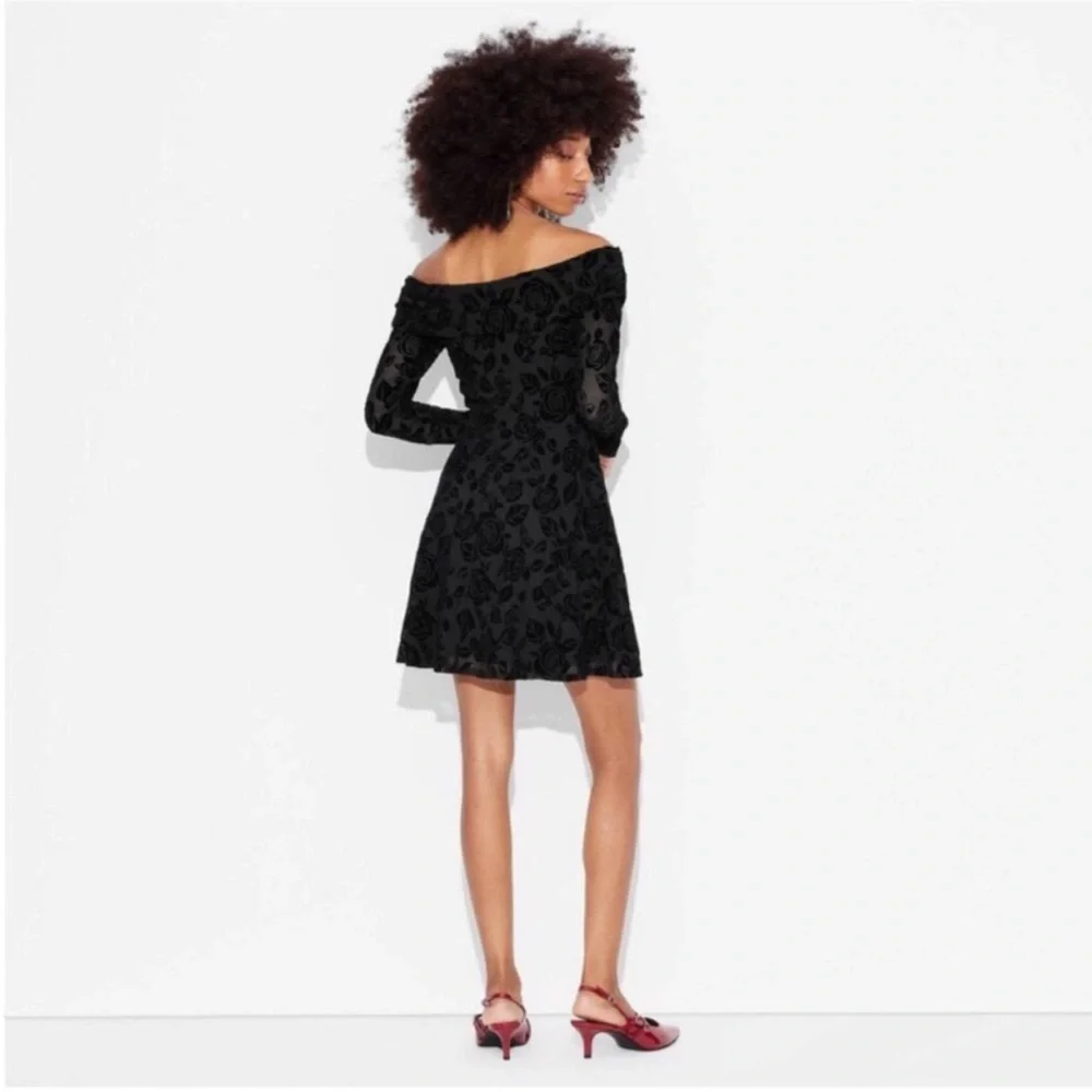 Wild Fable Black Flocked Off-Shoulder Fit and Flare Long Sheer Sleeve Mini Dress - Picture 3 of 10